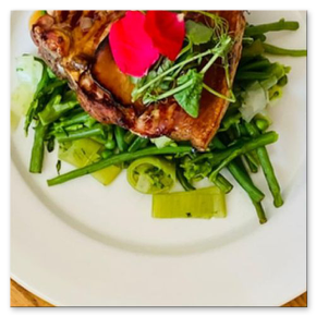 Sear Grilled Pork Loin with leaks, Green Veg Apple gravy & Baked Potatoe